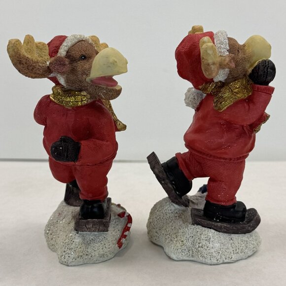 Vintage 2002 Santa Moose Figurines Set Of 2 Snowshoeing Christmas JTS Intl 5" - Picture 5 of 12